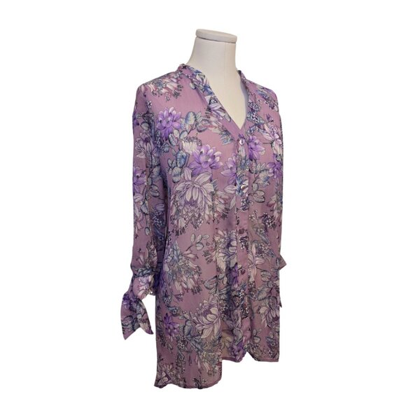 Womens Bellina Purple Floral Blouse Long Sleeve Sheer Summer Cottage Sz XL - Picture 2 of 10